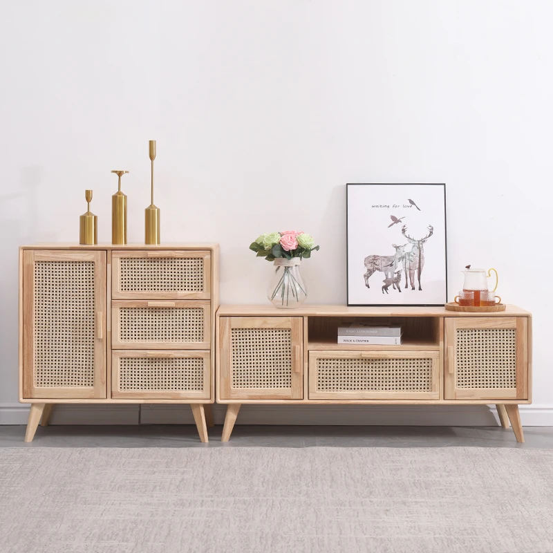 Bedroom Furniture Wooden 2 Door 4 Drawers Chest Living Room Rattan Wood Sideboard Storage Cabinet