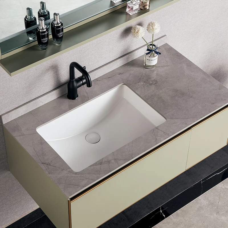 Marble Top Wall Hung Wooden Bathroom Cabinet Set Matte Green Solid Surface Vanity With Sink And Mirror