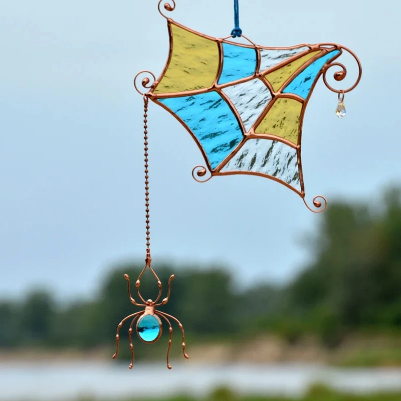 Custom Stained Glass Spider Web Suncatcher Fall Decor  Window Hangings Handcrafted Autumn Decoration