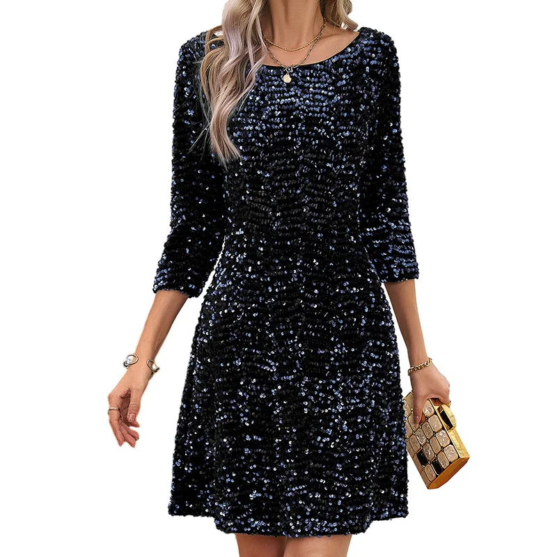 2024 new ladies dress round neck temperament slim sequined ladies long sleeve skirt