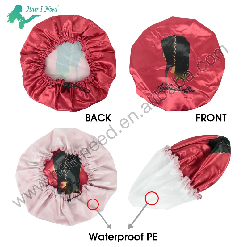 Custom Logo Adjustable Elastic Band Strap Reusable Shower Cap Bonnet Waterproof PE Satin Lined Bathing Spa Salon Shower Caps