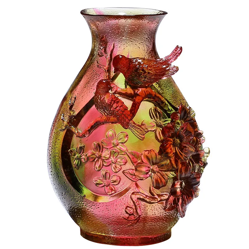 Holiday gift Red pink bird and flower decoration murano glass vase