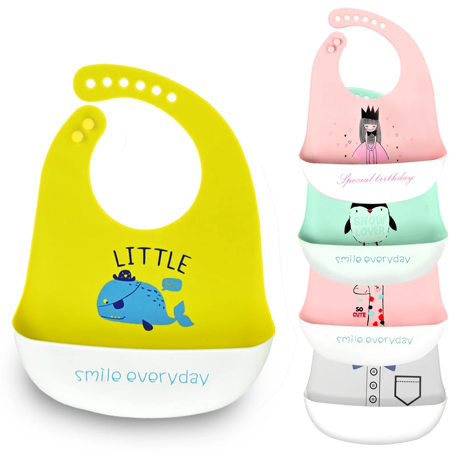 
High quality OEM baby silicone bib smock cartoon bib silicone baby feeding bibs with pocket 