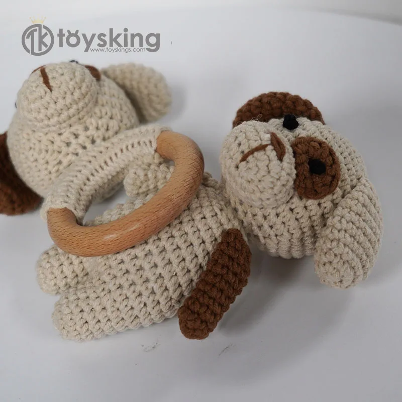 Infant Bath Cotton Muslin towel Customized Newborn Baby Wood Silicone Shower Gift Set 100% Handmade Crochet Puppy Dog Rattle