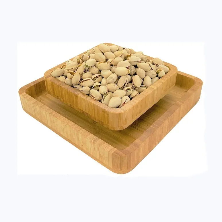 Bamboo Pistachio Snack Bowl Double Dish Holder Bowl Pedestal and Sunflower Seed Nut Bowl with Shell Storage tray