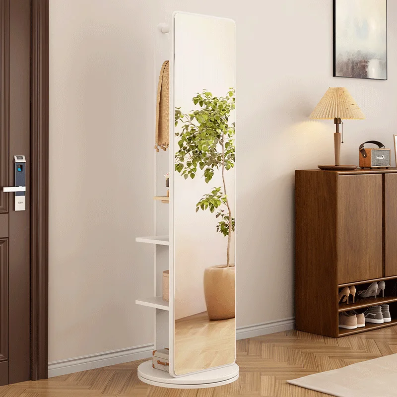 Solid wood floor-standing full-length dressing mirror  movable feature integrated with hanging rack for bedroom use