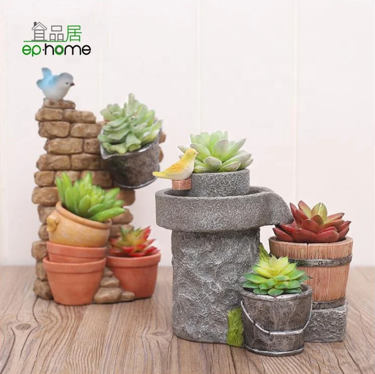 Mini polyresin multistory countryside millstone barrel flower plant pot set combination for succulent cactus DIY garden kid gift