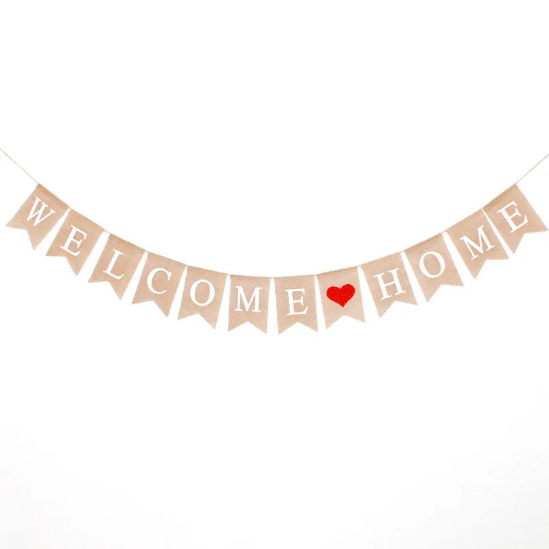 
1set Alphabet Banner Welcome Back Linen Jute Burlap Swallowtail Flag Home Ceiling Decoration Photo Props Outdoor Wedding party 