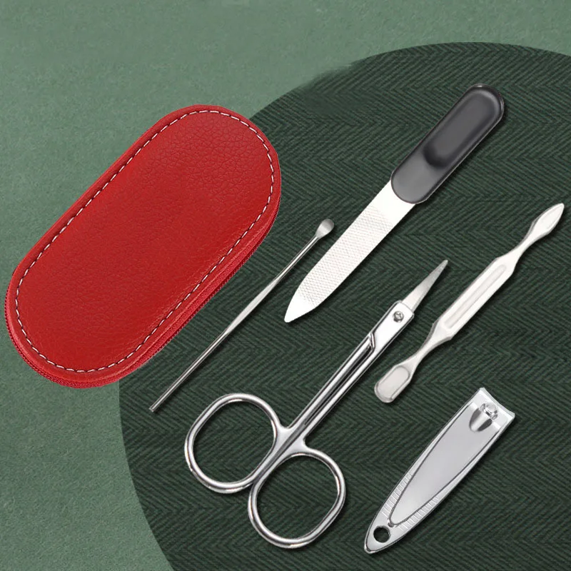 Customized Portable Stainless Steel Soft Red Leather Bag Rounded 5 in 1 PCS Pedicure Kits Personal Care Grooming Manicure Set