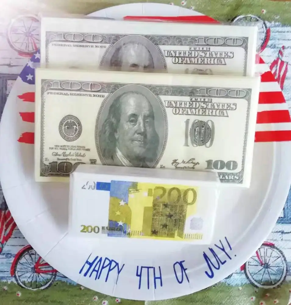 Wholesale party supplies 33x33cm 1/4 fold napkin, printed fake moneyfor Uk .US