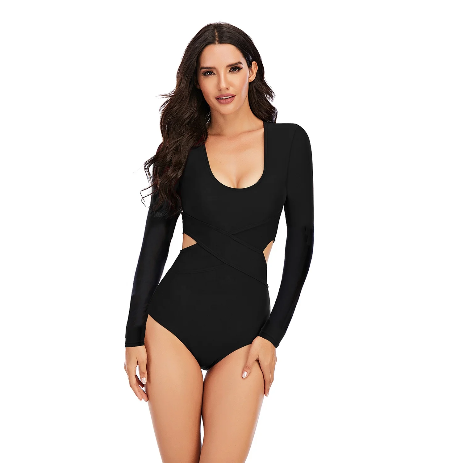 AOSHIILI  Sexy black low neck One Piece Long Sleeve Surfsuit Female Swimsuit Hot Spring Diving Suit Swimsuit