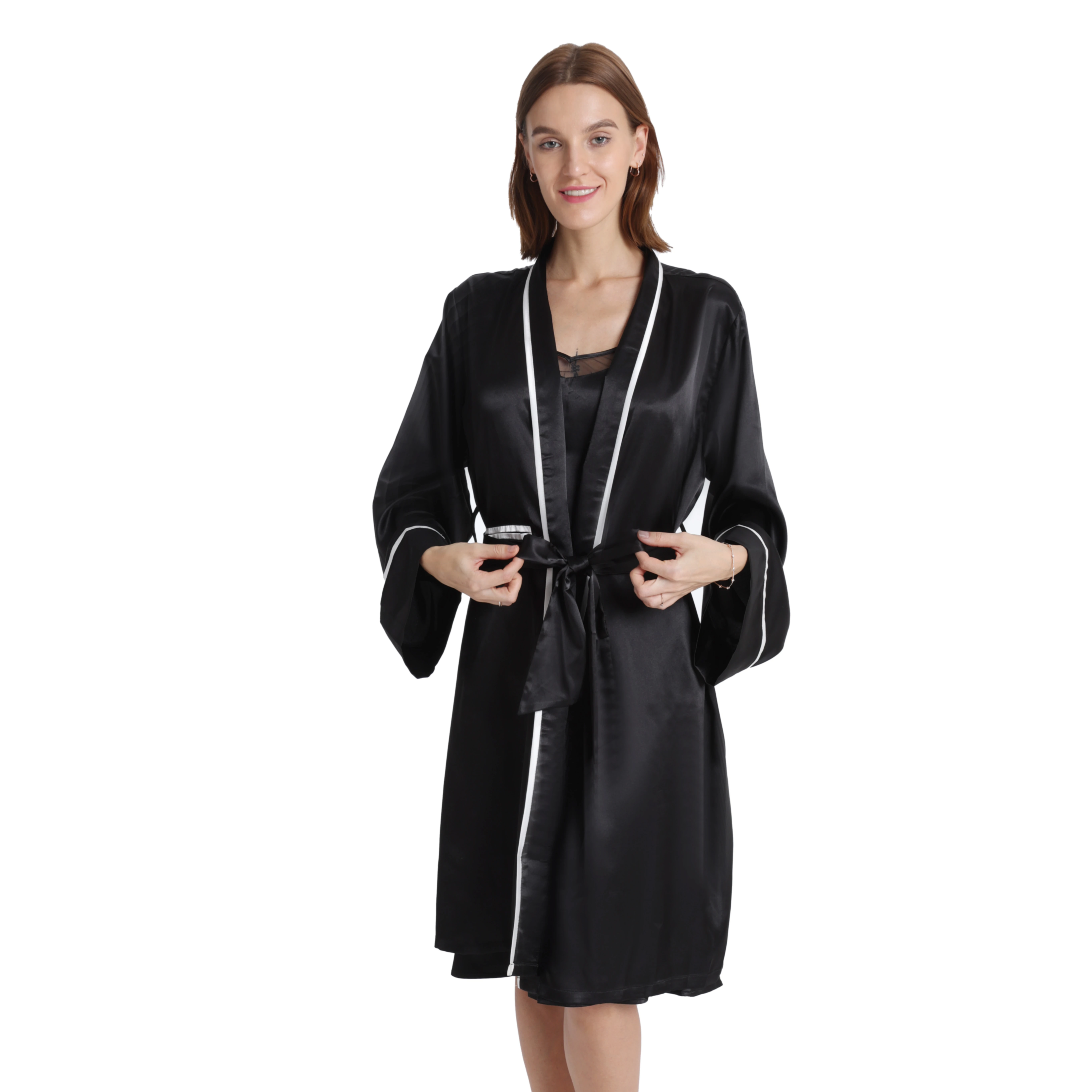 Custom Designer Long Style V Neck Satin Sleepwear Night Dressing Gown Silk Robe