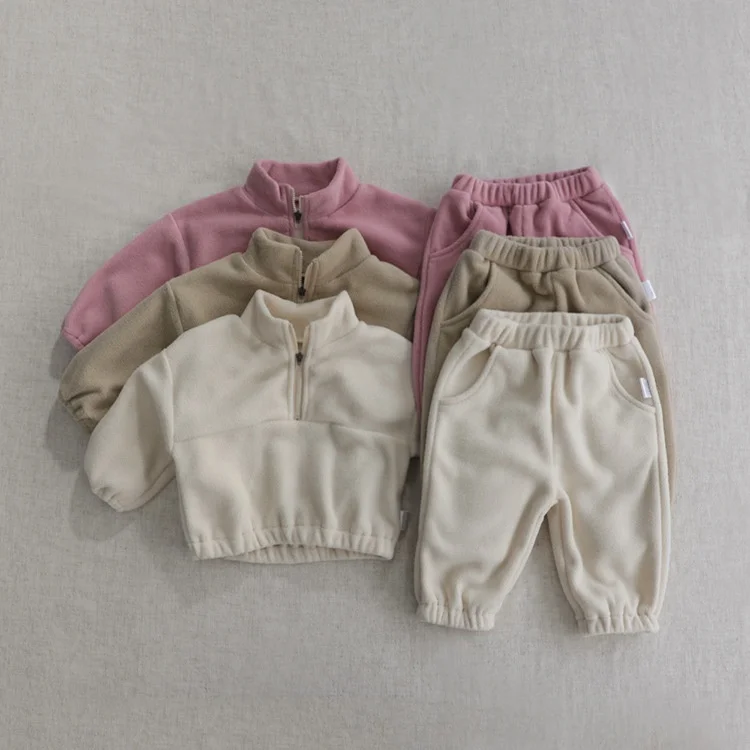 1-3 year old baby Standing Collar Plush Set, Baby Two-piece Set for Exter Autumn and Winter Infant and toddler fleeced  2pcs