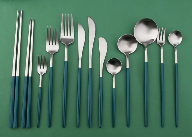 Modern Western Flatware Set Jade Green Handle With Titanium Gold Silver Stainless Steel Matte Cutlery for Restaurant