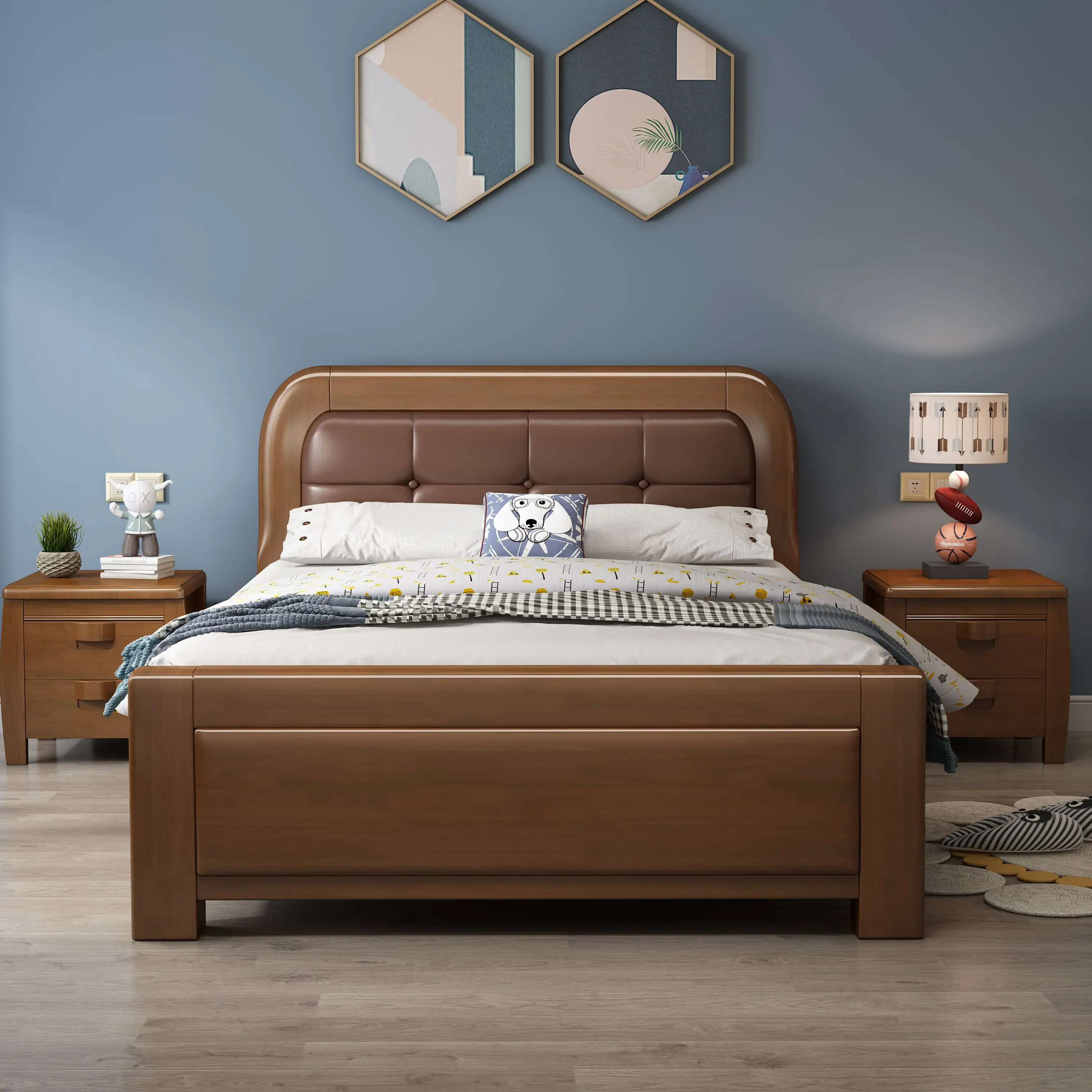House Furniture Luxury Style Modern Bedroom Set Wooden Frame Double Size Bed Wood