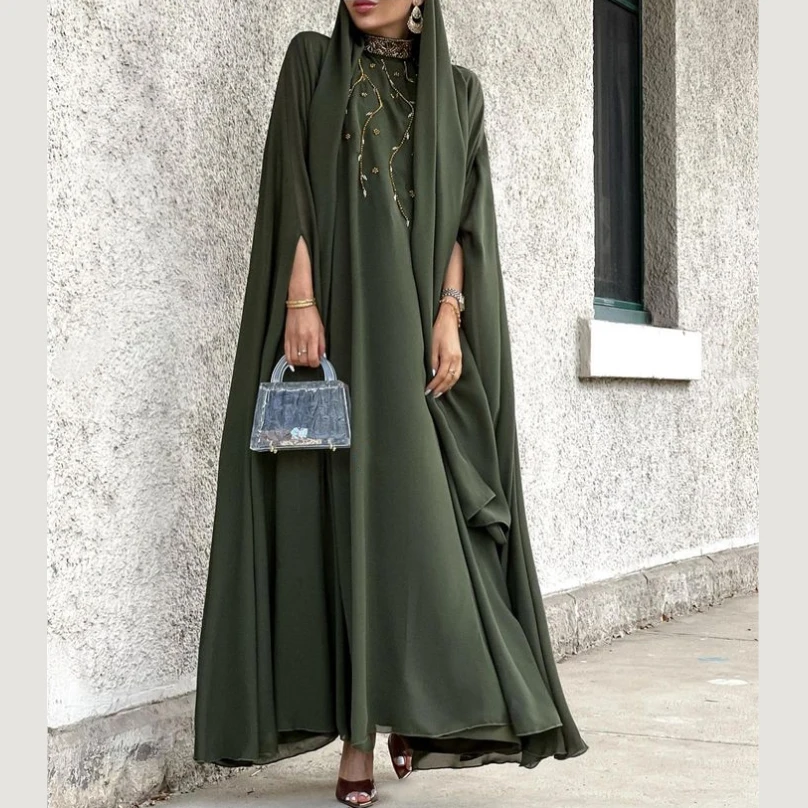 dubai dress wholesale green Ramadan EID floral Beaded embroidery high quality long gown evening women fashion dress 2023