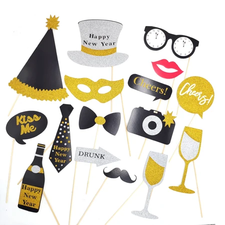 22pcs gold glitter 2020 new year eve selfie photo booth props kit