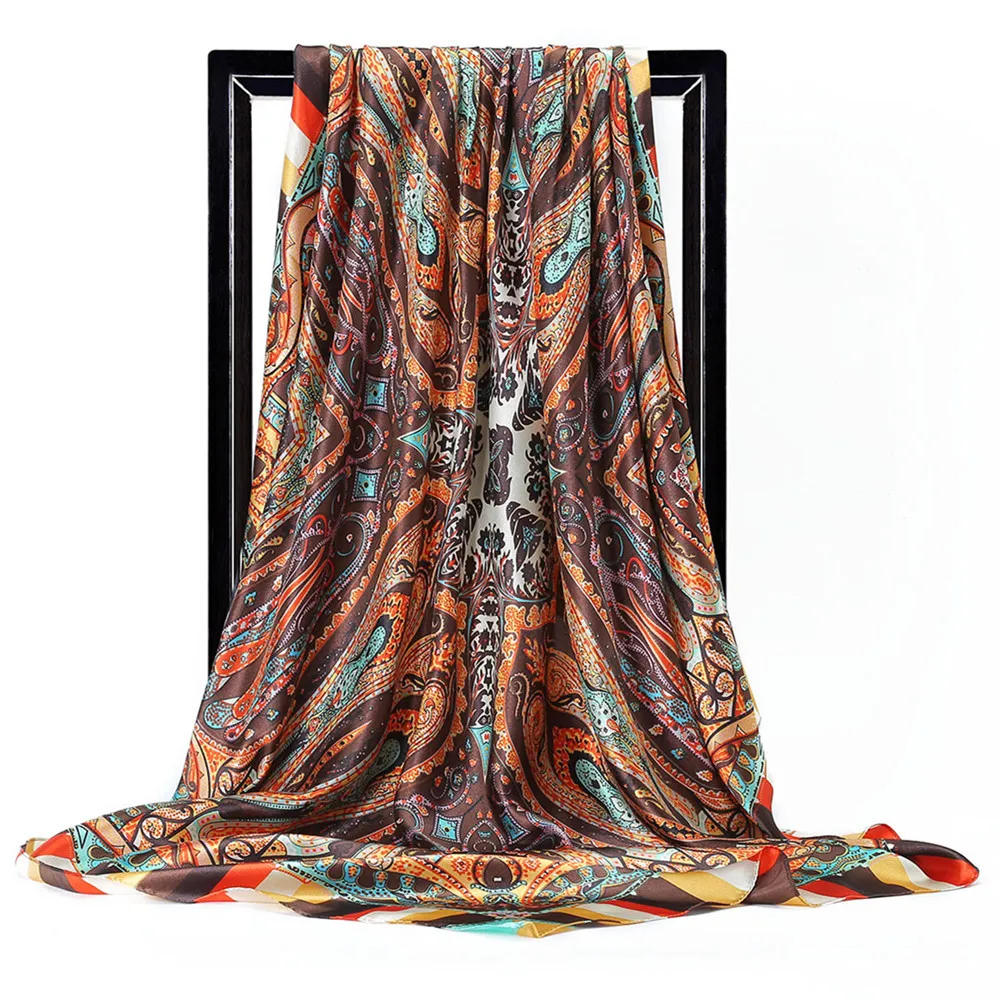 Шелковый шарф для женщин, модный квадратный головной платок 90*90 см с принтом кешью, роскошные брендовые шали, женский платок, атласный хиджаб, шарф