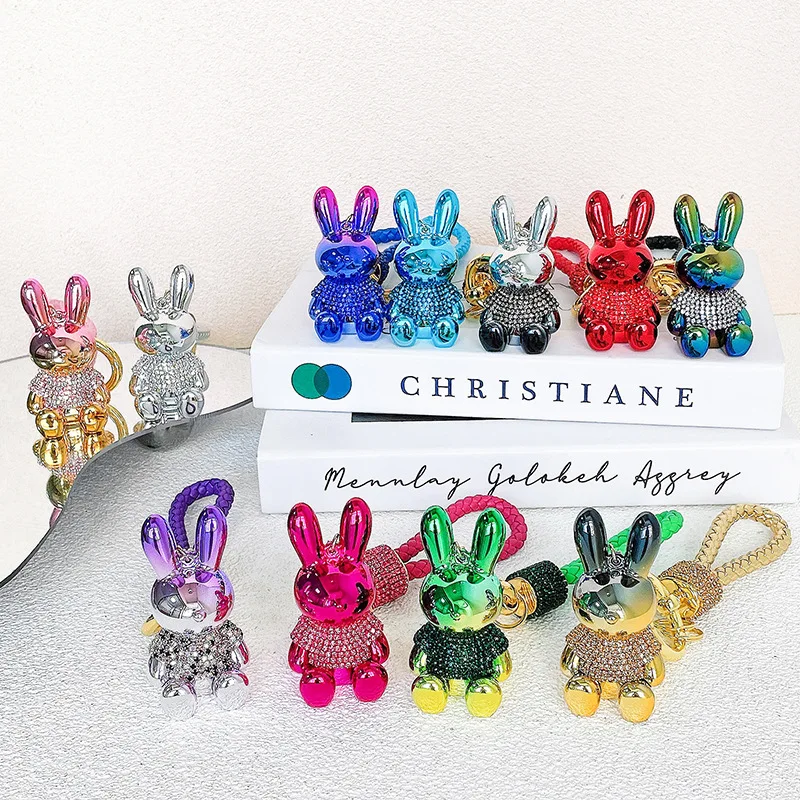 Luxury 3D Cartoon rhinestone Rabbit Crystal stone Key Chains Leather Wristlet Lanyards Bear Keychain Custom Bag pendants