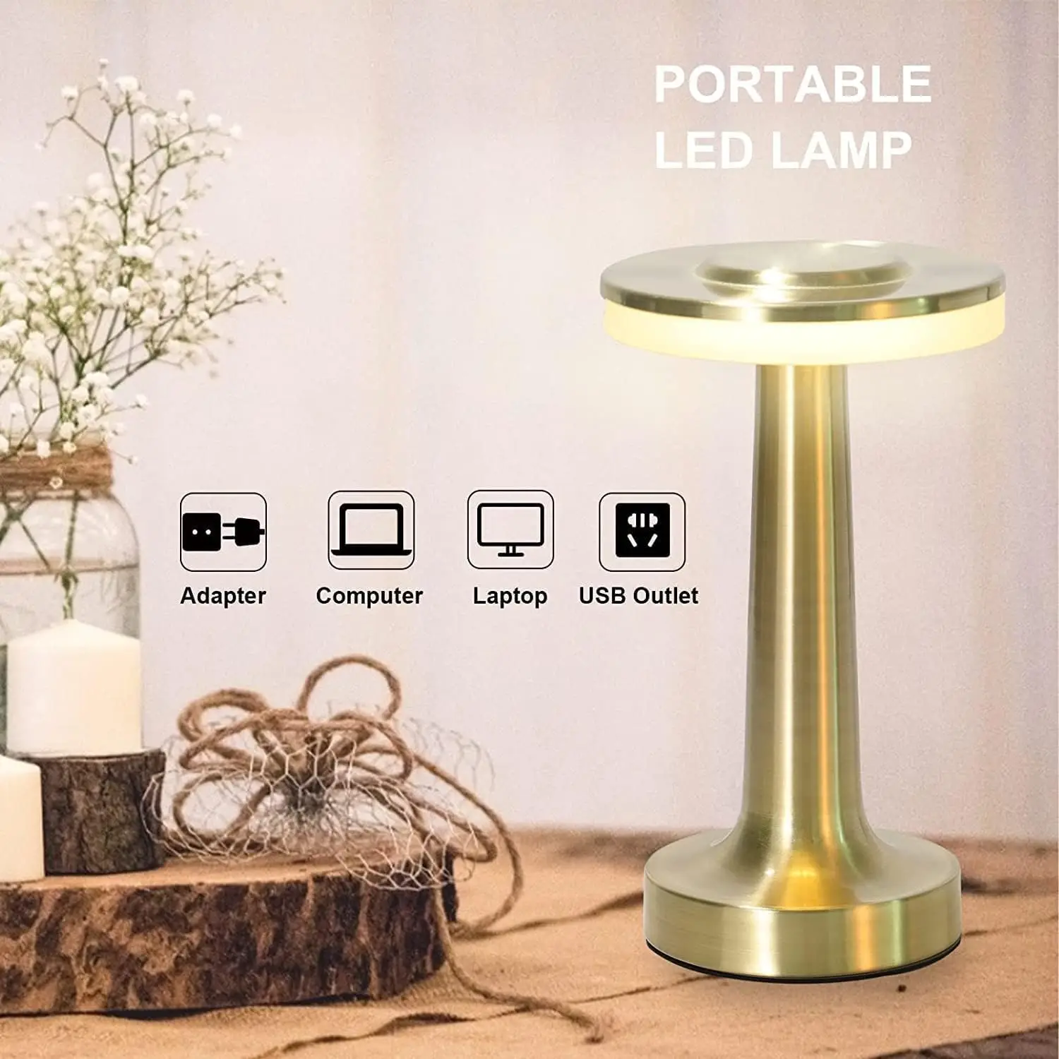 Modern Cordless Small Table Lamp for Bar Restaurant, Rechargeable USB Touch Dimming 3 Light Color Night Light