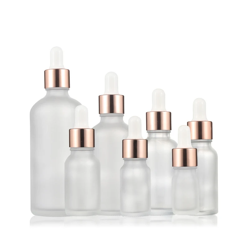 Frosted Glass Essential Oil Bottles 5ml 20ml 30ml 50ml 100ml Empty Frosted Glass Dropper Bottle with Rose Gold Caps
