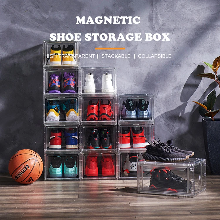 Wholesale Transparent Plastic Sneaker Stackable Shoe Storage Boxes Drop Front Acrylic Drawer Type Magnetic Clear Shoe Box