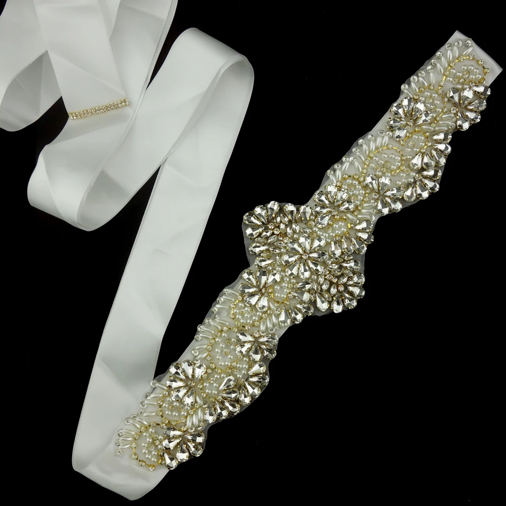 Роскошный пояс ручной работы с жемчугом и кристаллами для свадебных платьев с золотыми стразами