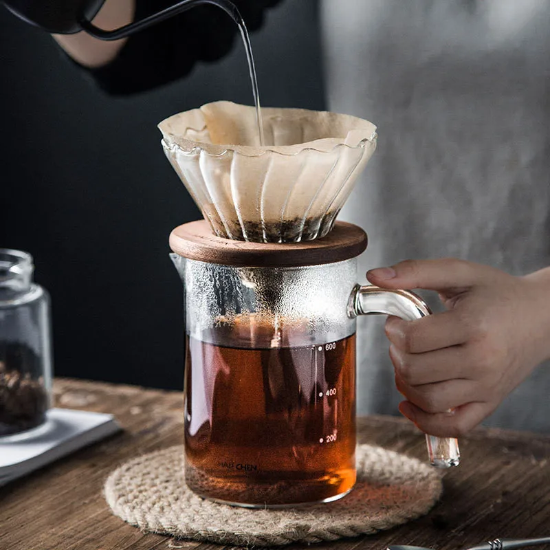 Hot sale V60 drip limited hot coffee dripper style server kettle glass coffee pot teapot with filter and wooden holder
