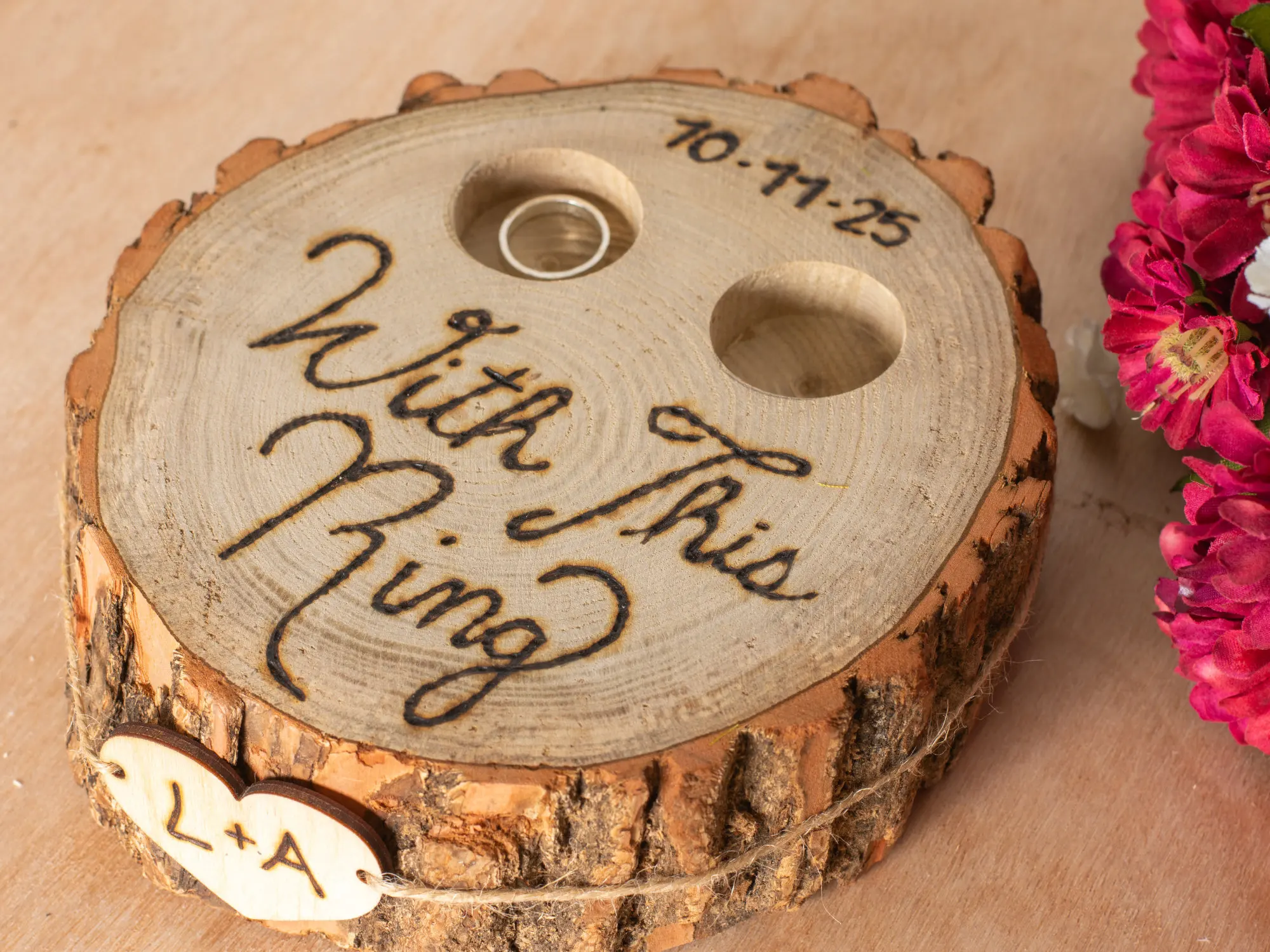 Rustic Ring Box Hand Engraved Personalized Wood Craft Tree Stump Alternative for Ring Bearer Pillow Wall Sign