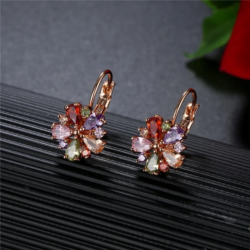 Luxury Bling Colorful Crystal Flower Charm Earrings Trendy Jewelry Rose Gold Plated CZ Bridal For Party