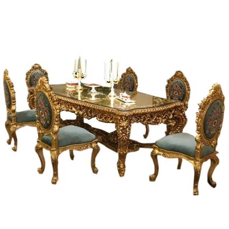 Grand Palace Customized 12 seat Tables Royal Wooden furniture Arabic style Golden Carved Wood Antique Dining table chair set