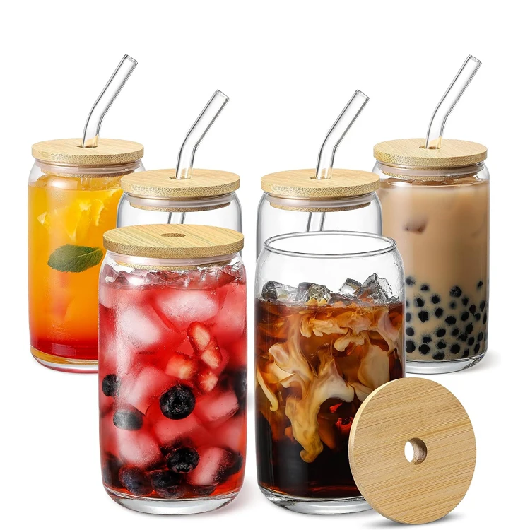 12oz 16oz clear frosted borosilicate glass beer can cup with bamboo lid and straw