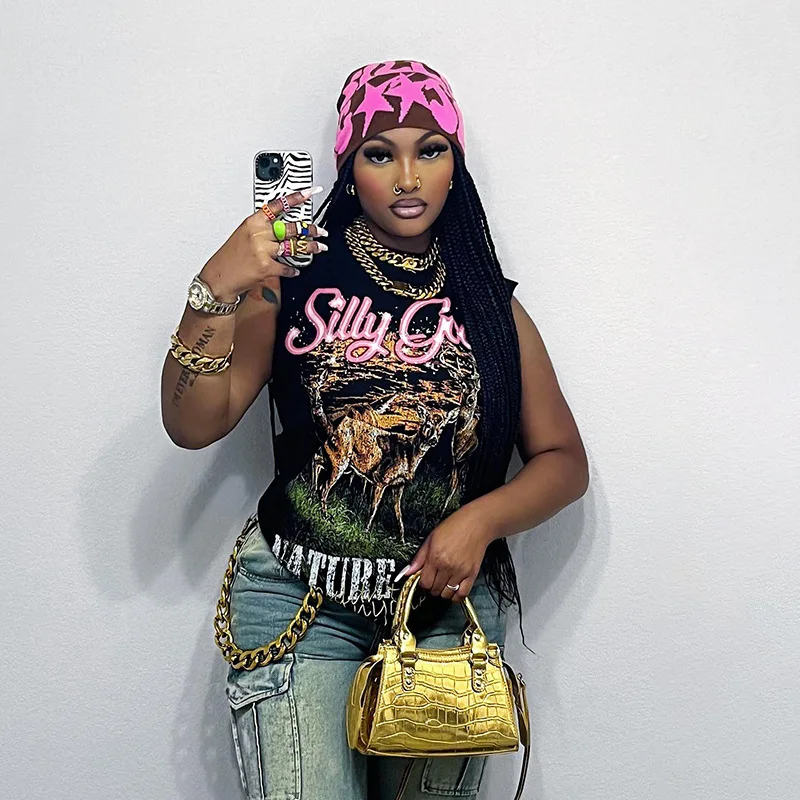 X13891C Fashion Printed Letter Tank Top 3D Pattern Round Neck Sleeveless Off Shoulder Tight Short Open Navel Loose Top