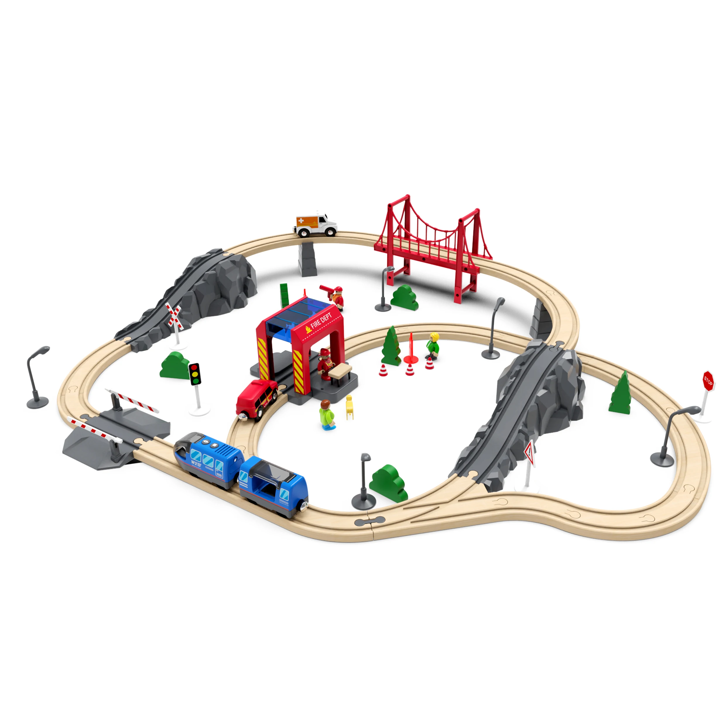 DIY Large Wooden Electric Train Toy Wooden Railway Set Fire Fight for Children