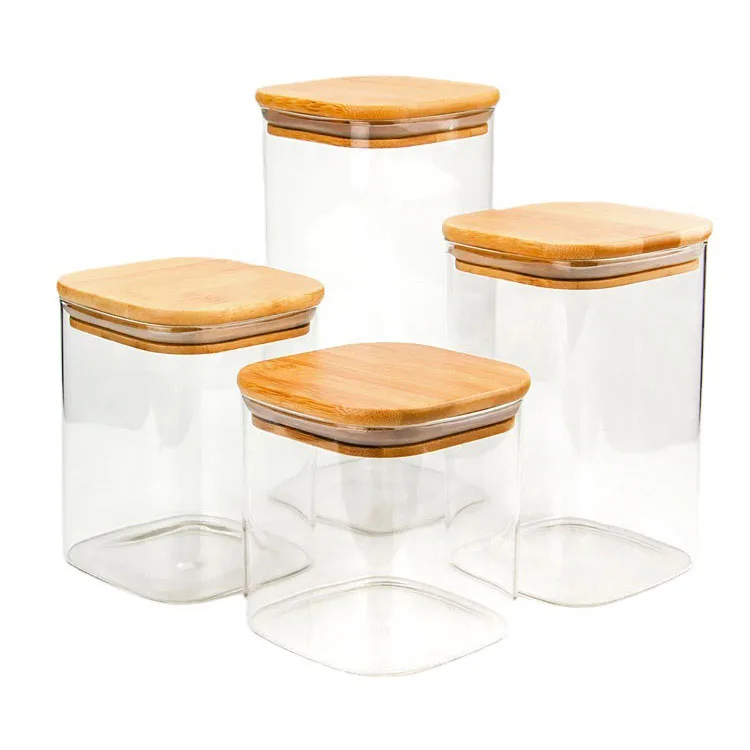 Wholesale High Quality Square Borosilicate 3.3 Glass Jar Food Spice Storage Containers With Bamboo Lid For Kitchen Use