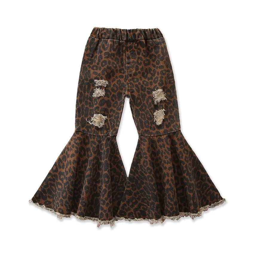 
CYM206018 autumn New style Wide leg leopard flared pants Bell Bottoms kids jeans pants for girl 