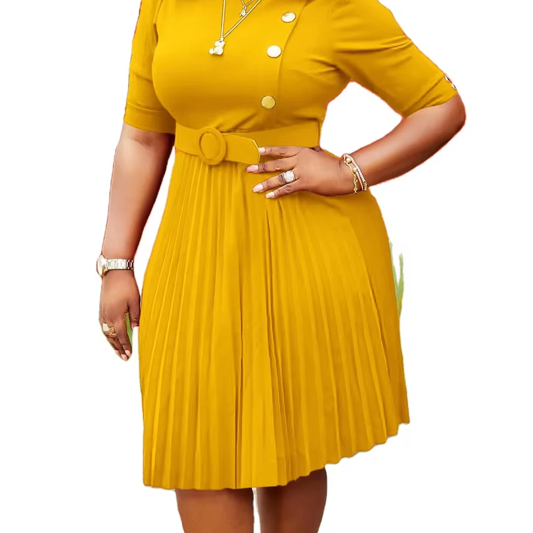 Latest Design Autumn &amp  Winter Dresses Women Lady Elegant Solid Color Pleated Button African Dresses For Women Clothing