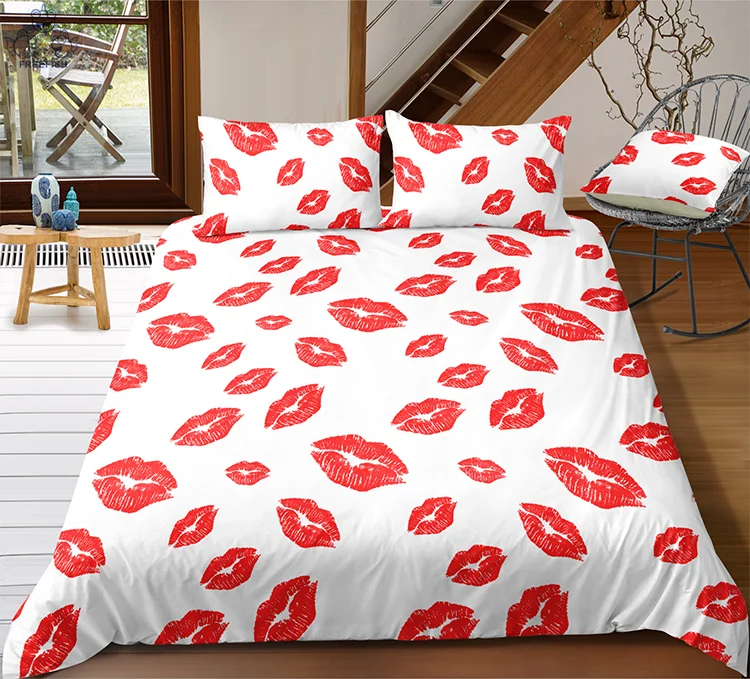 Duvet Cover Full Size, Romantic Couples Red Lips Kiss Printed Quilt Cover Set, for Valentines Day Wedding Decorations