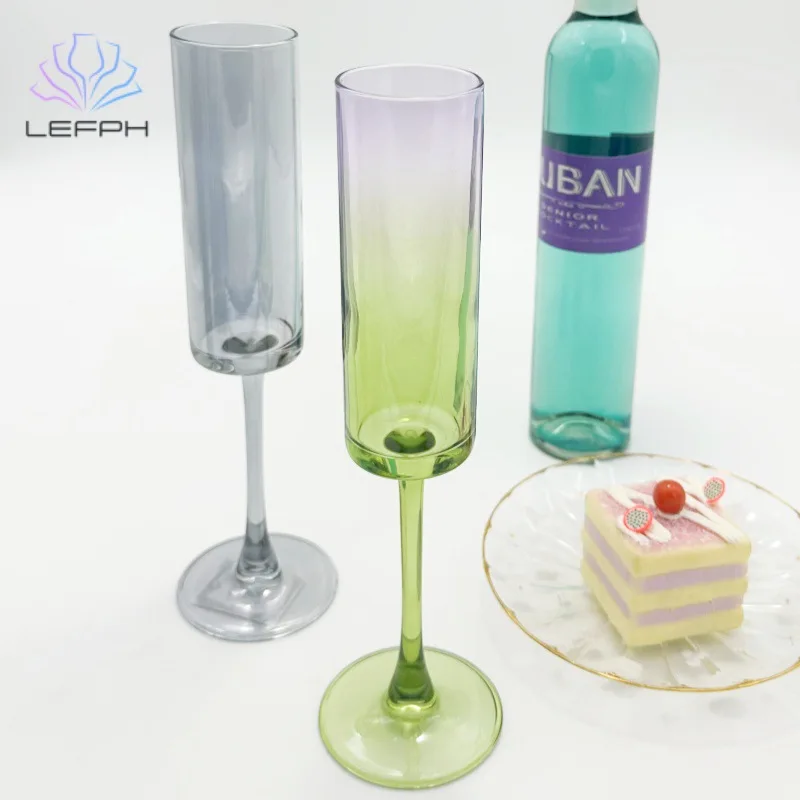 Hand-Made Blown Champagne Glasses Unique Crystal Square Straight Iridescent Purple Green Colored Wine Goblet Glass
