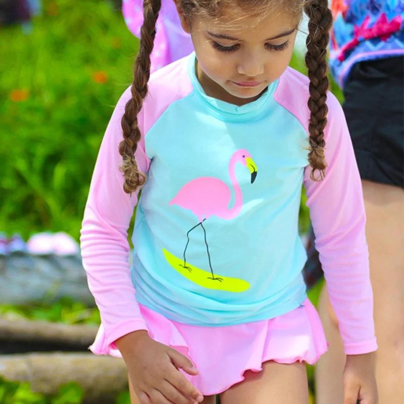Custom UPF 50+ Children Swimsuit Rash Guard Two Piece Printed Long Sleeve Girls Beachwear Swimwear Swim Suit Sunsuit