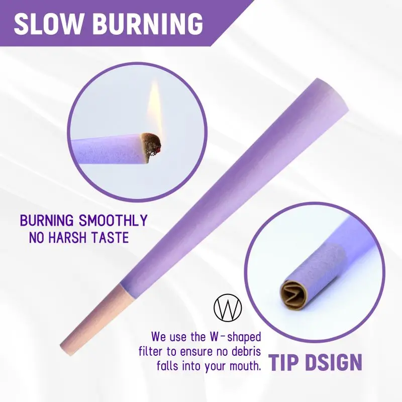 Factory Price Slow Burning 200 Pack Rolling Paper For Smoking 100% Organic Arabic Gum Purple 14G Hemp Pre Rolled Cone