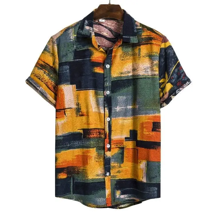 New Fashion Men Summer Ethnic Printing Flax Bohemia Button Lapel Short Sleeve Tops Blouse Casual Beach Shirt