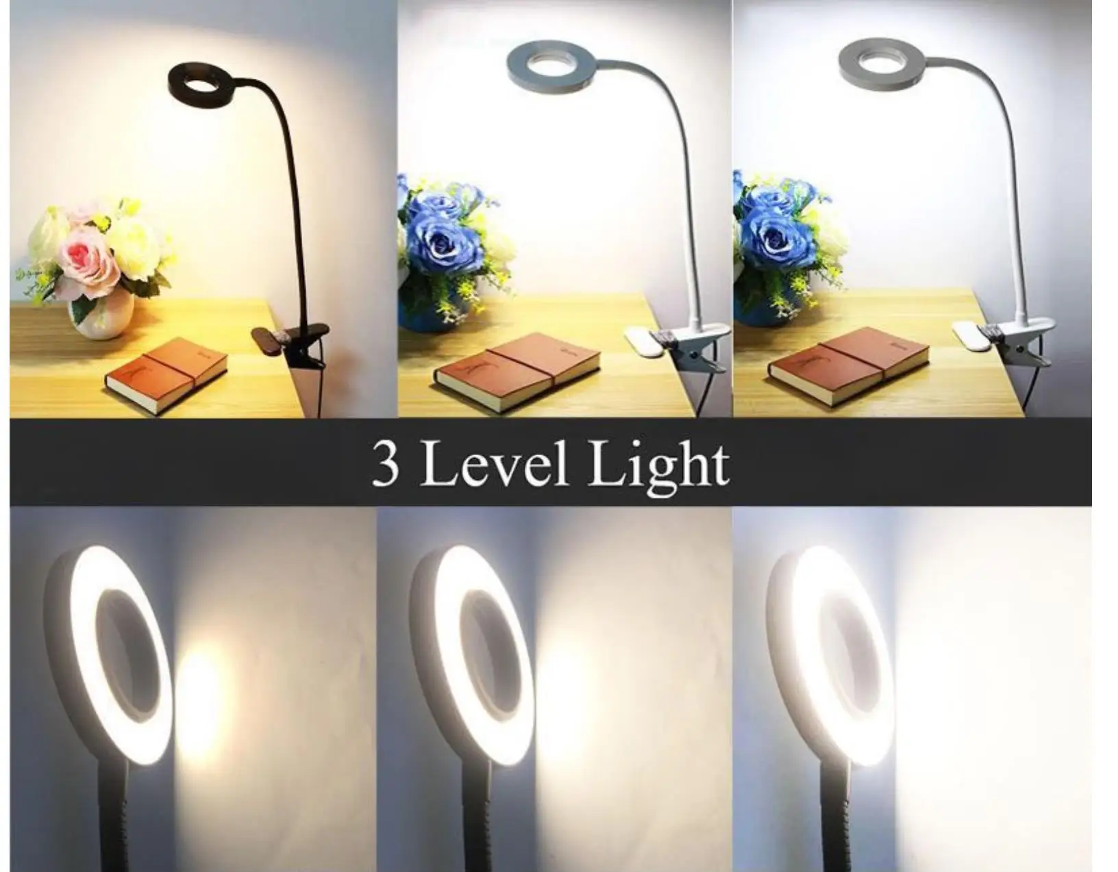 USB Charging Dimmable Eye-friendly Flexible Night Reading Study Table Clip Clamp Led Desk Lamp  with 3 Modes Touch Control