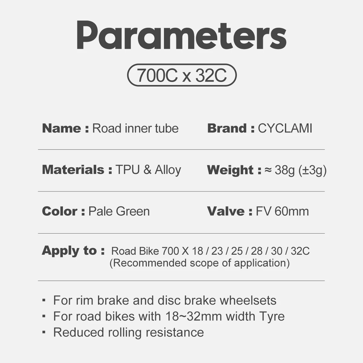 Cyclami 38g Bike TPU Inner Tube 700x25/28/30/32C Road Bicycle TPU Material Tire 45mm 60mm 80mm French Valve