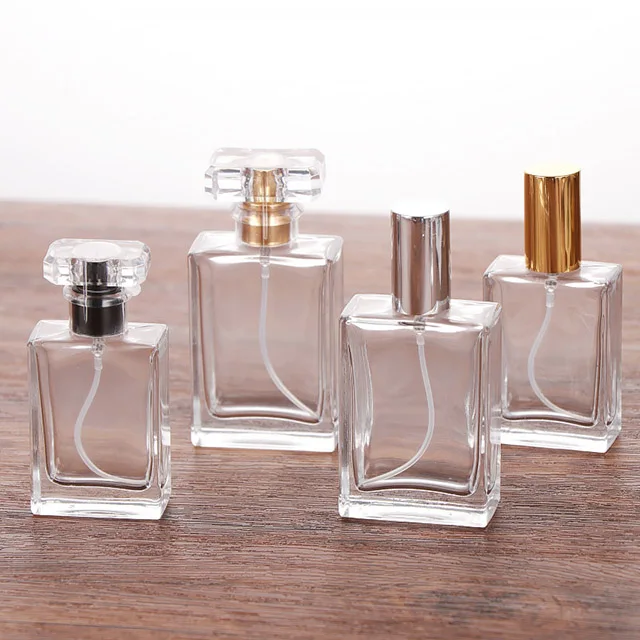 30ml 50ml 100ml Empty Luxury Square Spray Fragrance Perfume Bottle with Metal Lid Spray Pump Glass Bottle