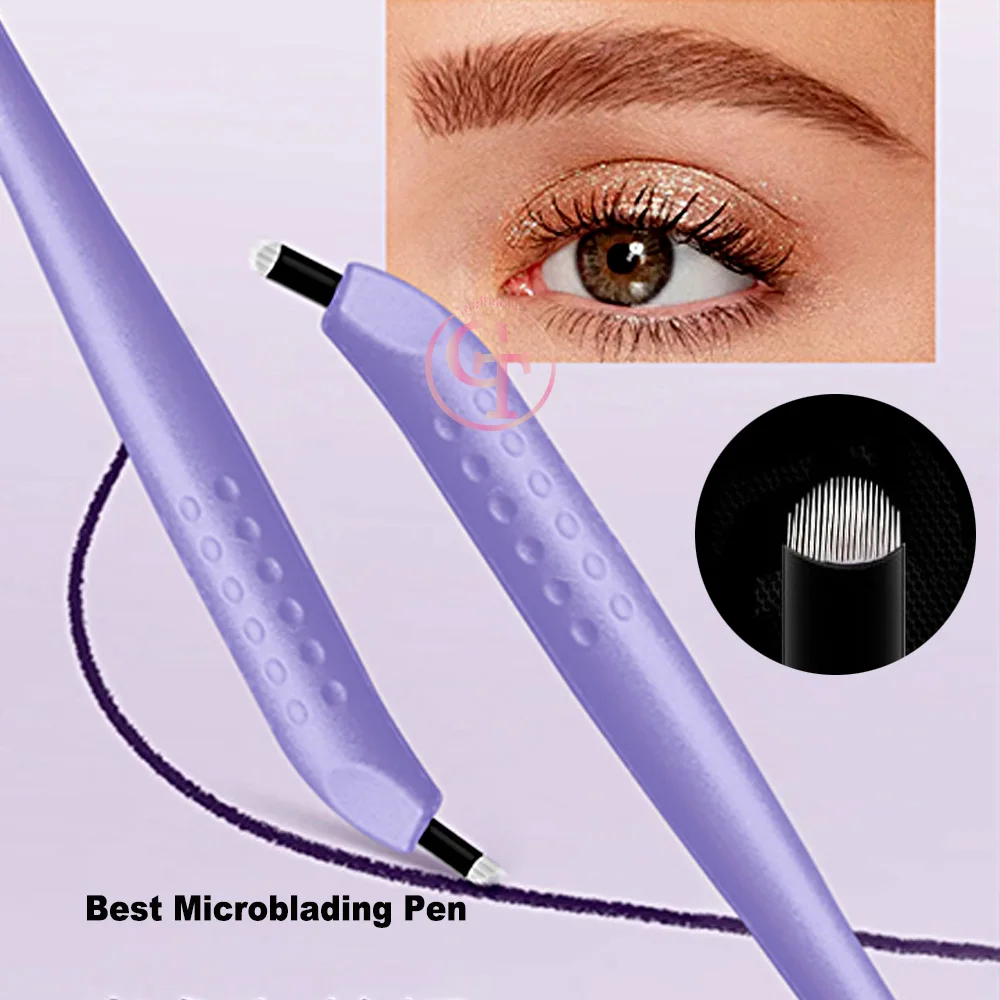 Hot Selling 0.2mm Disposable Microblading Eyebrow Tattoo Pen Purple Permanent Makeup Manual Pen with 9/12/14Pins U18 Needles