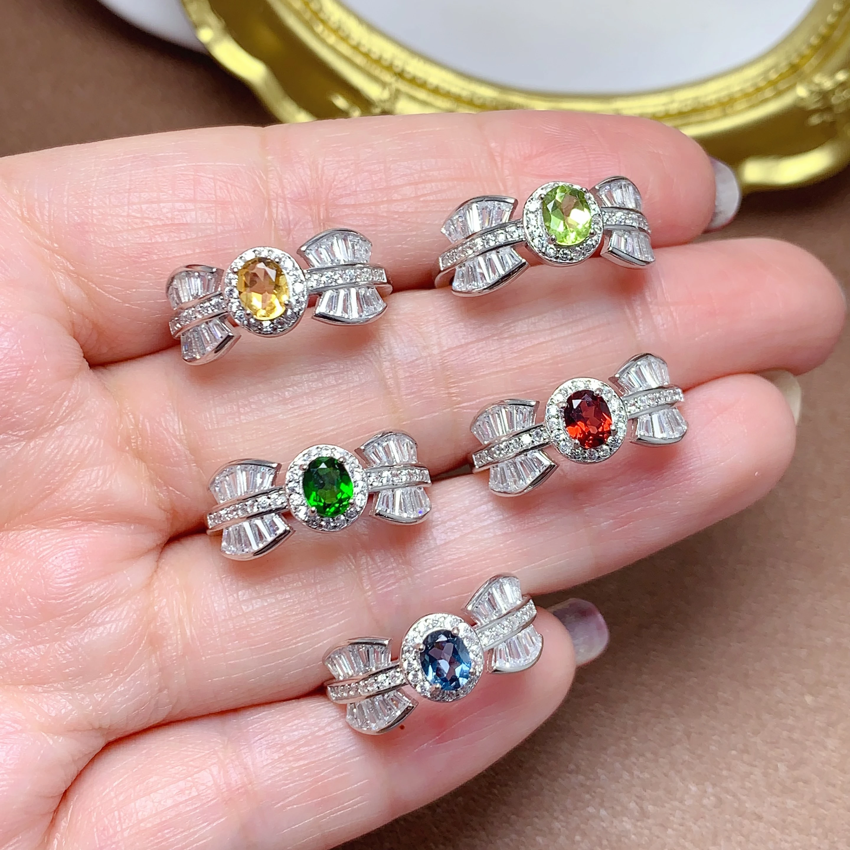 Factory Supply 925 Sterling Silver Natural Gemstone Butterfly Flower Zircon Fashion Opening Adjustable Couple Rings For Girls
