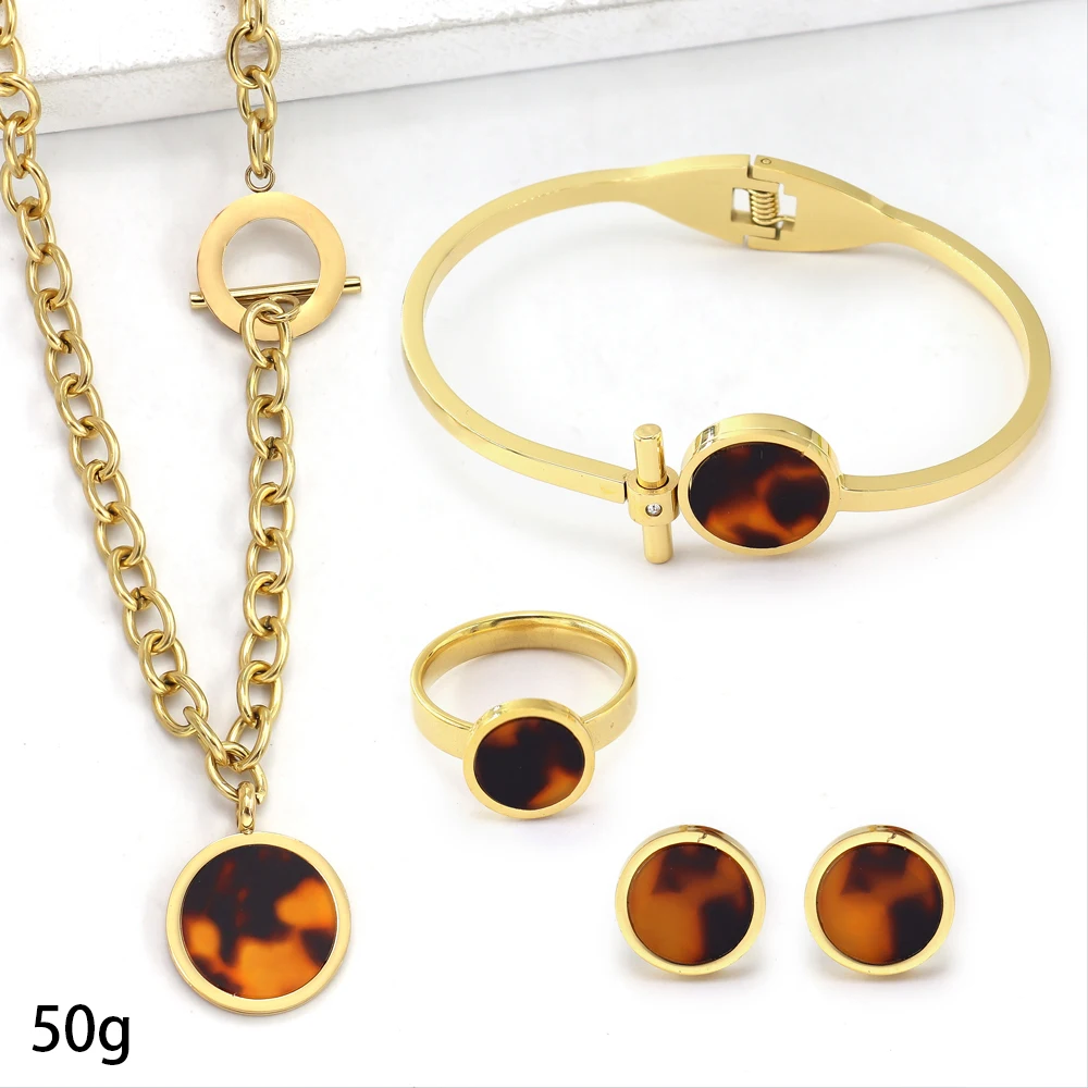 New Ladies Classic Jewelry  Fashion Gold Silver Jewelry Set Amber Color Necklace Earring Bangle Ring Set