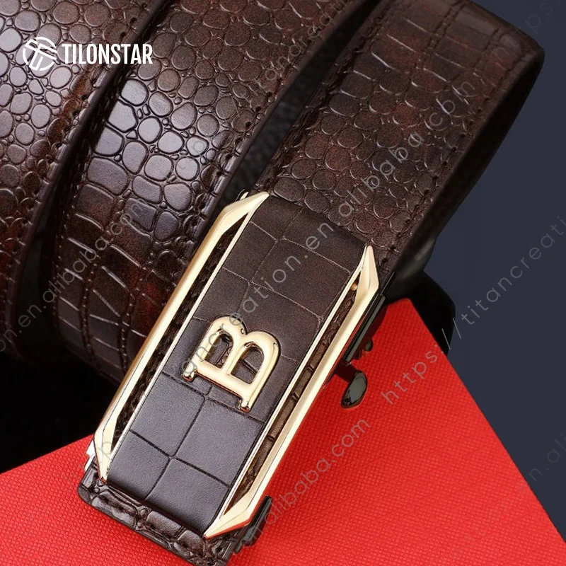 TILONSTAR TDY117 High Quality Adjustable Automatic Buckle Split PU Crocodile Pattern Leather Belt