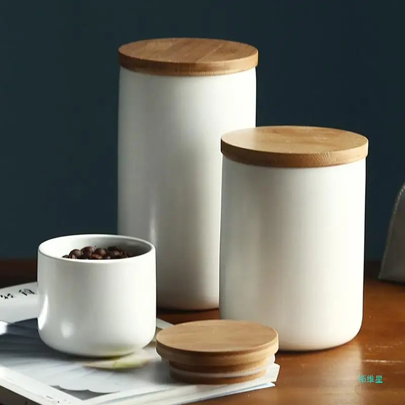 Factory Custom Kitchen Canisters Ceramic Food Storage Jar Containers with Airtight Seal Wooden Lid for Coffee Tea Sugar Salt